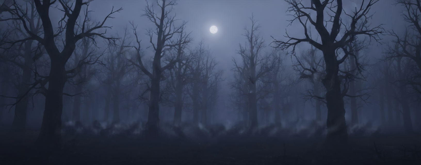 Foggy moonlit forest with bare trees